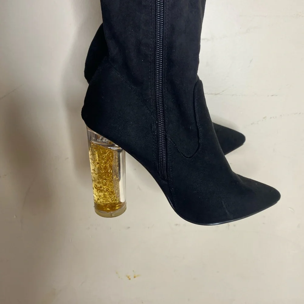 Black Over-the-Knee Boots with Gold Heel